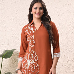 Rust Teen Phool Embroidery Top