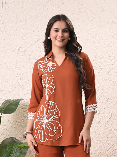 Rust Teen Phool Embroidery Top