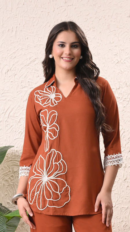 Rust Teen Phool Embroidery Top