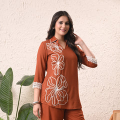 Rust Teen Phool Embroidery Top