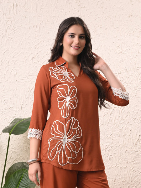 Rust Teen Phool Embroidery Top