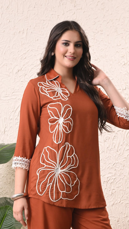 Rust Teen Phool Embroidery Top