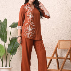 Rust Teen Phool Embroidered Cord-set