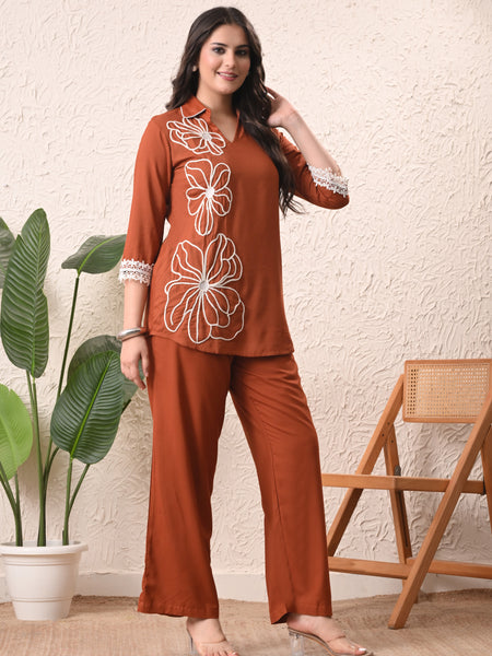 Rust Teen Phool Embroidered Cord-set