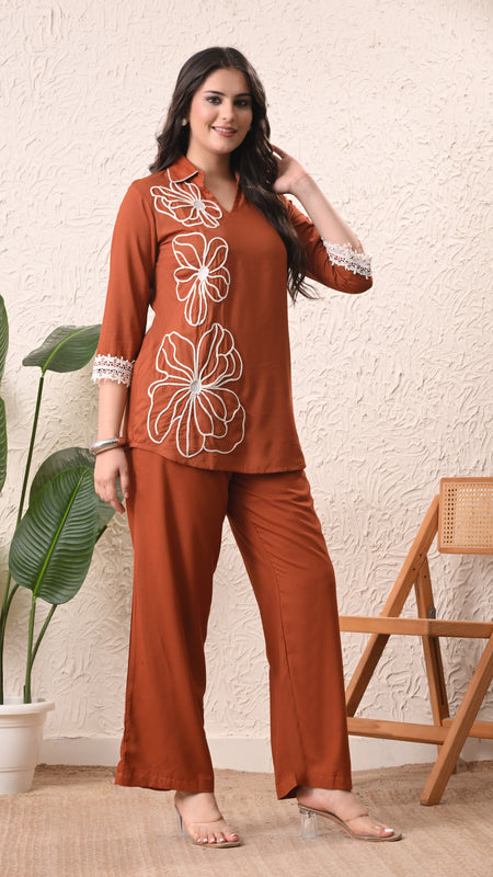 Rust Teen Phool Embroidered Cord-set