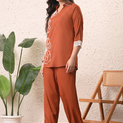 Rust Teen Phool Embroidered Cord-set