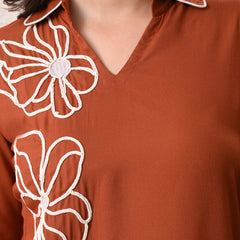 Rust Teen Phool Embroidery Top