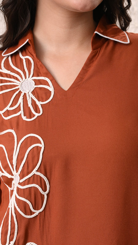 Rust Teen Phool Embroidery Top