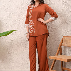Rust Teen Phool Embroidered Cord-set