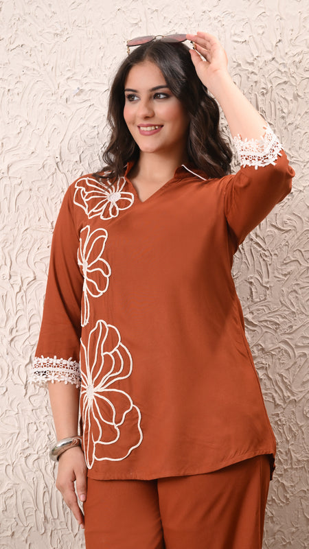 Rust Teen Phool Embroidered Cord-set
