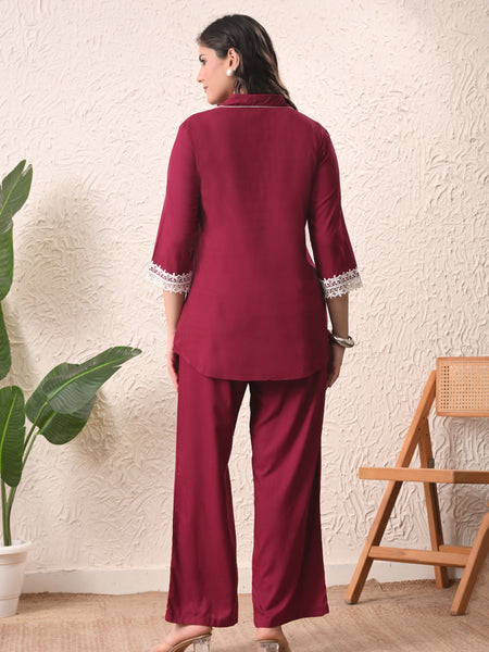 Wine Teen Phool Embroidered Cord-set