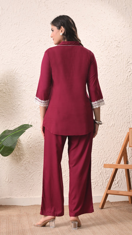 Wine Teen Phool Embroidered Cord-set
