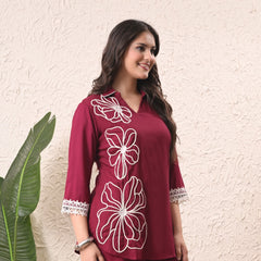 Wine Teen Phool Embroidery Top