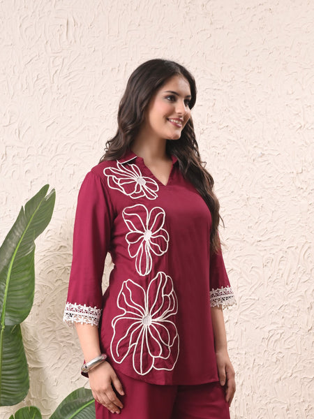 Wine Teen Phool Embroidery Top