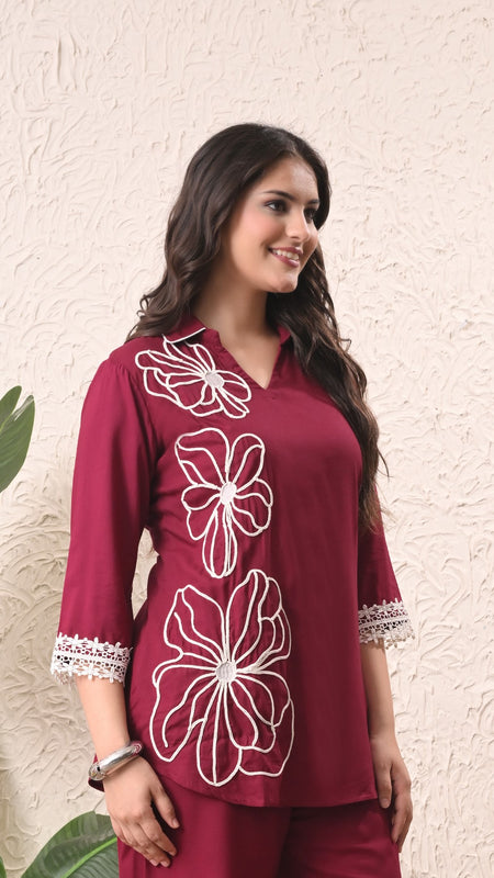 Wine Teen Phool Embroidery Top