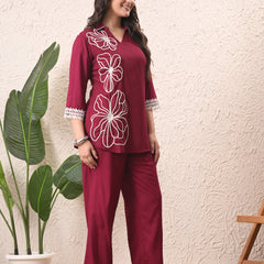 Wine Teen Phool Embroidered Cord-set