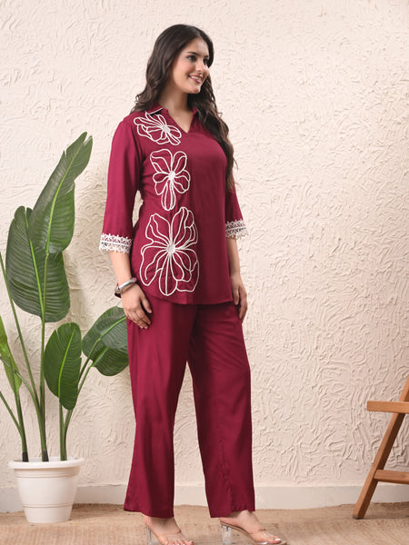 Wine Teen Phool Embroidered Cord-set