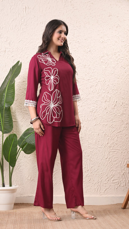 Wine Teen Phool Embroidered Cord-set