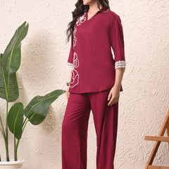 Wine Teen Phool Embroidered Cord-set