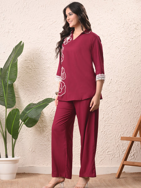 Wine Teen Phool Embroidered Cord-set