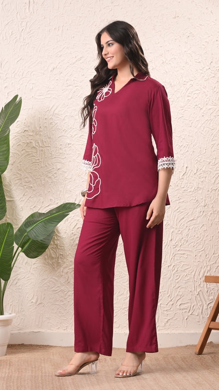 Wine Teen Phool Embroidered Cord-set