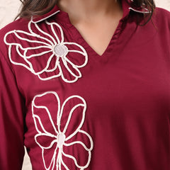 Wine Teen Phool Embroidered Cord-set