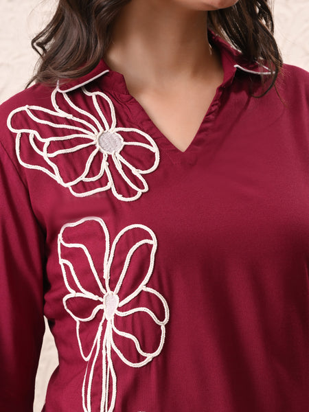 Wine Teen Phool Embroidered Cord-set