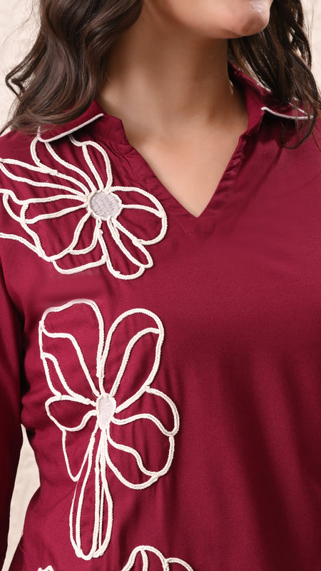 Wine Teen Phool Embroidered Cord-set