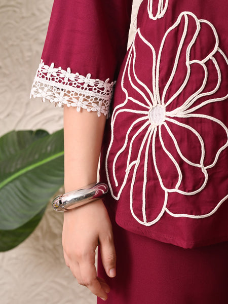Wine Teen Phool Embroidery Top
