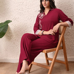 Wine Teen Phool Embroidered Cord-set