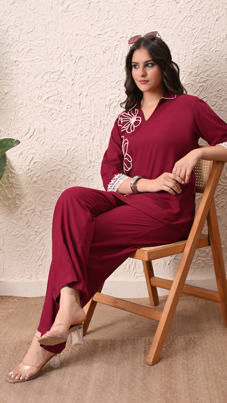 Wine Teen Phool Embroidered Cord-set