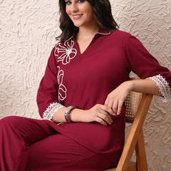 Wine Teen Phool Embroidered Cord-set
