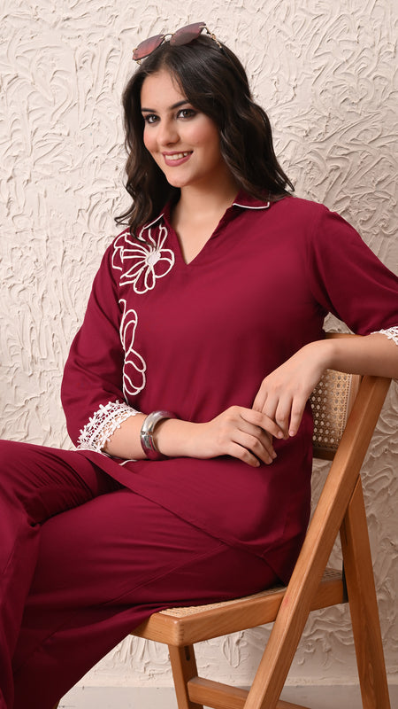 Wine Teen Phool Embroidered Cord-set