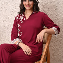Wine Teen Phool Embroidered Cord-set
