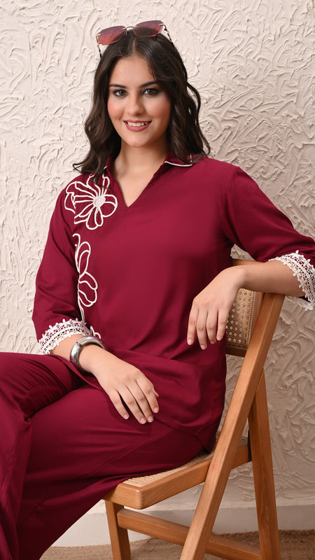Wine Teen Phool Embroidered Cord-set