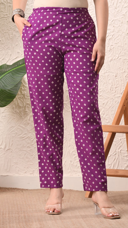 Purple Bandhej Straight kurta pant set with Sleeves