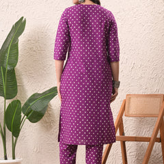 Purple Bandhej Straight kurta pant set with Sleeves