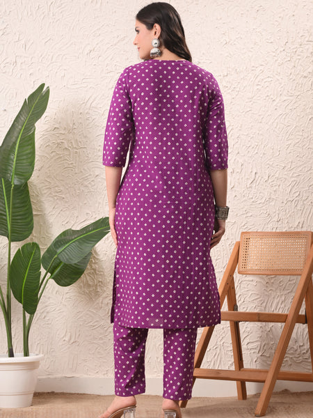 Purple Bandhej Straight kurta pant set with Sleeves