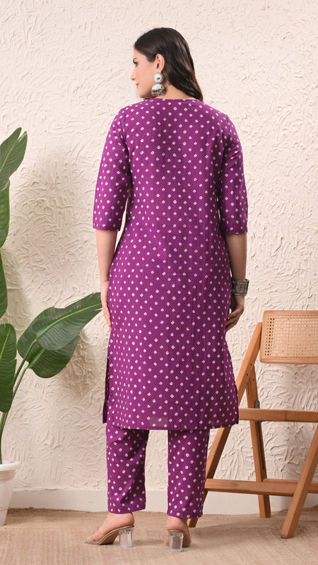 Purple Bandhej Straight kurta pant set with Sleeves