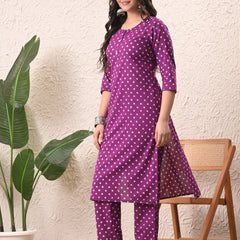 Purple Bandhej Straight kurta pant set with Sleeves