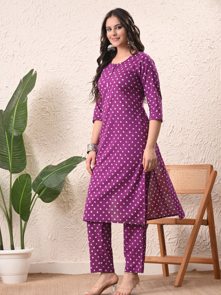 Purple Bandhej Straight kurta pant set with Sleeves