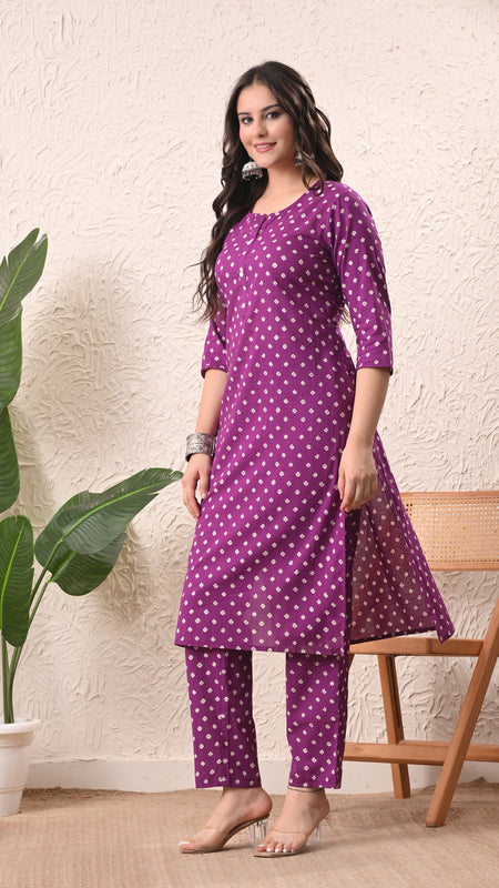 Purple Bandhej Straight kurta pant set with Sleeves