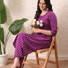 Purple Bandhej Straight kurta pant set with Sleeves