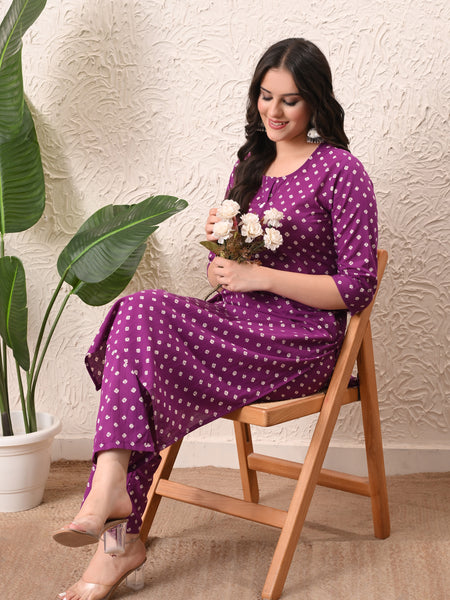 Purple Bandhej Straight kurta pant set with Sleeves