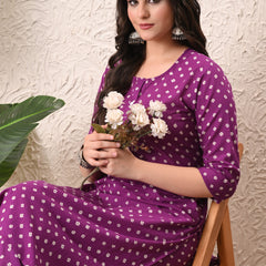 Purple Bandhej Straight kurta pant set with Sleeves