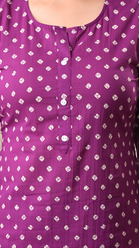 Purple Bandhej Straight kurta pant set with Sleeves