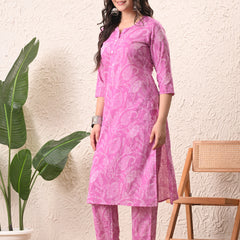 Pink White Keri Straight kurta pant set with Sleeves