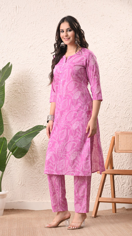 Pink White Keri Straight kurta pant set with Sleeves