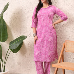 Pink White Keri Straight kurta pant set with Sleeves