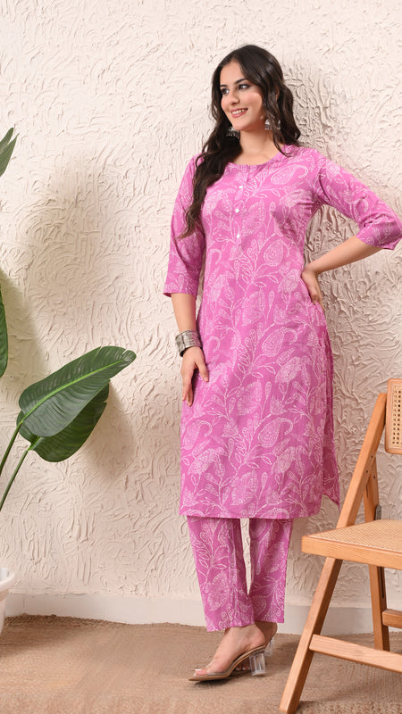 Pink White Keri Straight kurta pant set with Sleeves